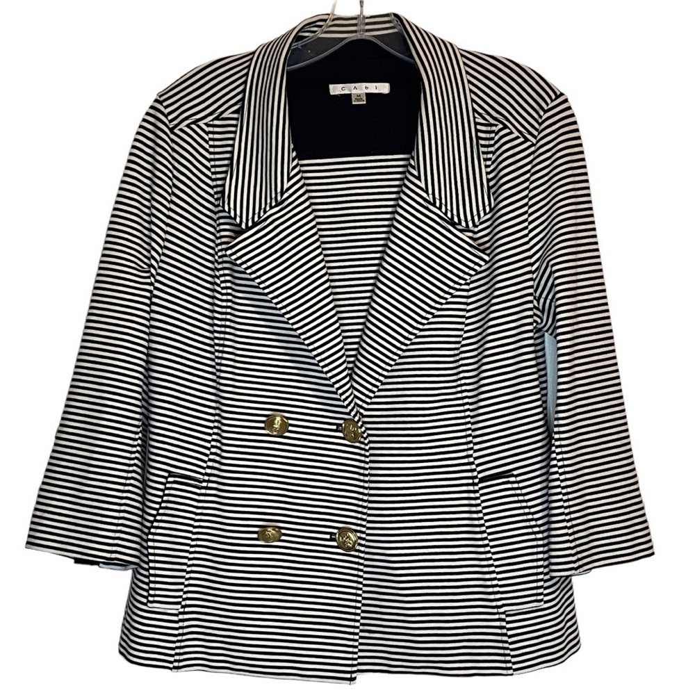 CAbi #823 Striped Life Jacket Nautical Double Breasted Gold Anchor Button Blazer - Picture 3 of 13